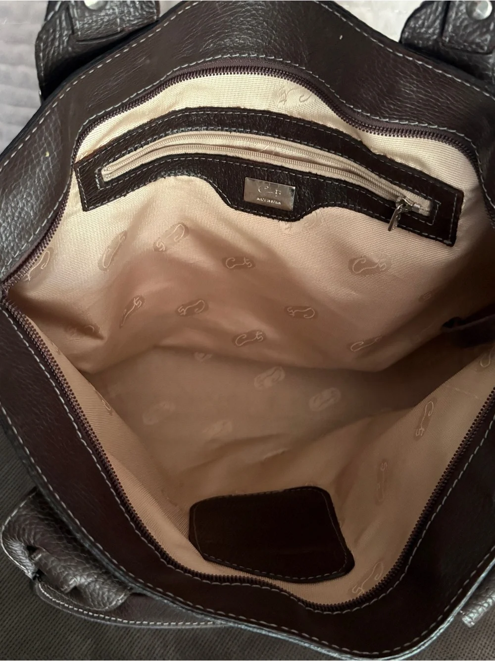 Classic Dark Brown Leather Tote Bag with Silver Hardware